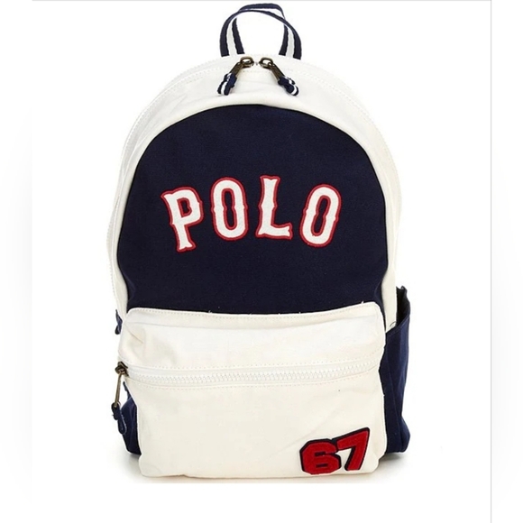 NWT Polo Ralph Lauren White And Blue Backpack With Patches In RL Box